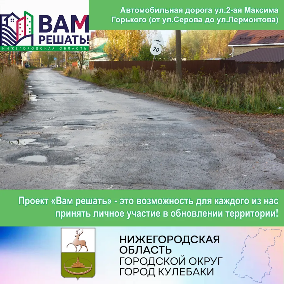 Жители г.Кулебаки вышли с инициативой по ремонту автомобильной дороги ул.2-ая Максима Горького (от ул.Серова до ул.Лермонтова)